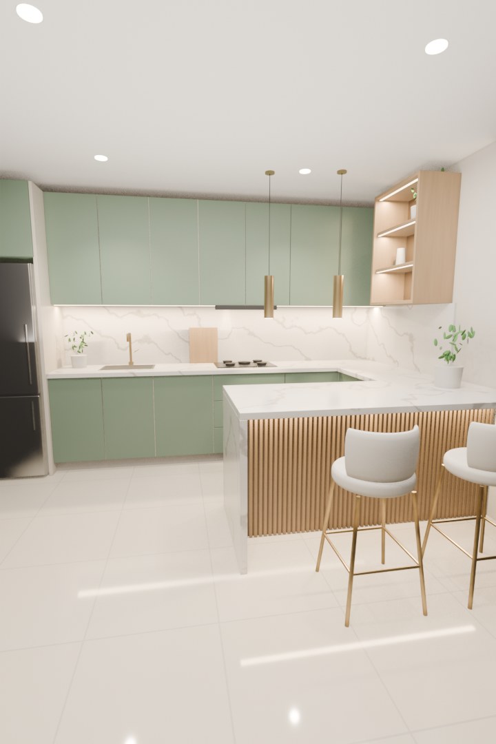 Idea B: cocina verde salvia con roble