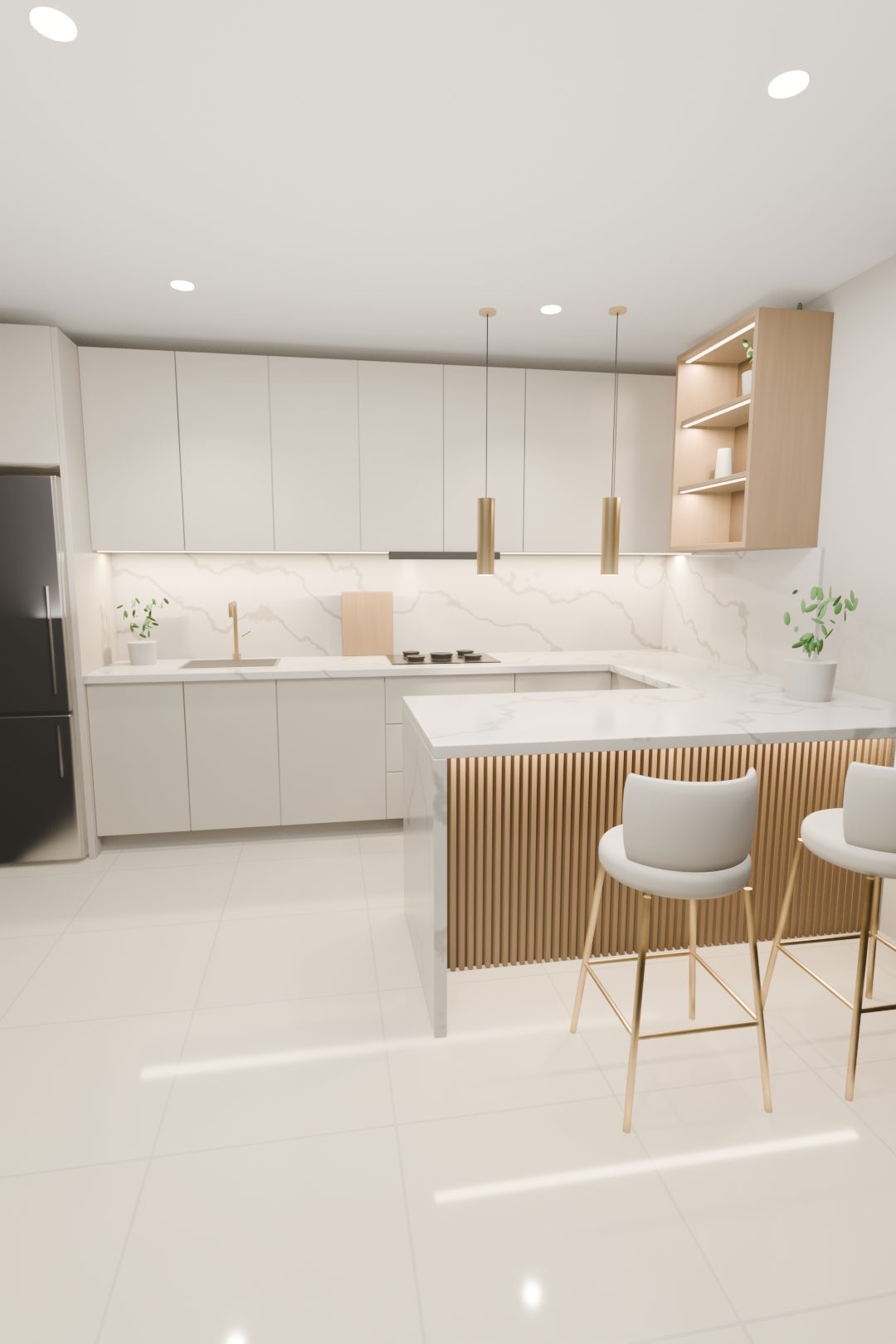 Render de una cocina en U con barra de listones de roble, cubierta tipo mármol en cascada, repisa de roble con LED y colgantes dorados